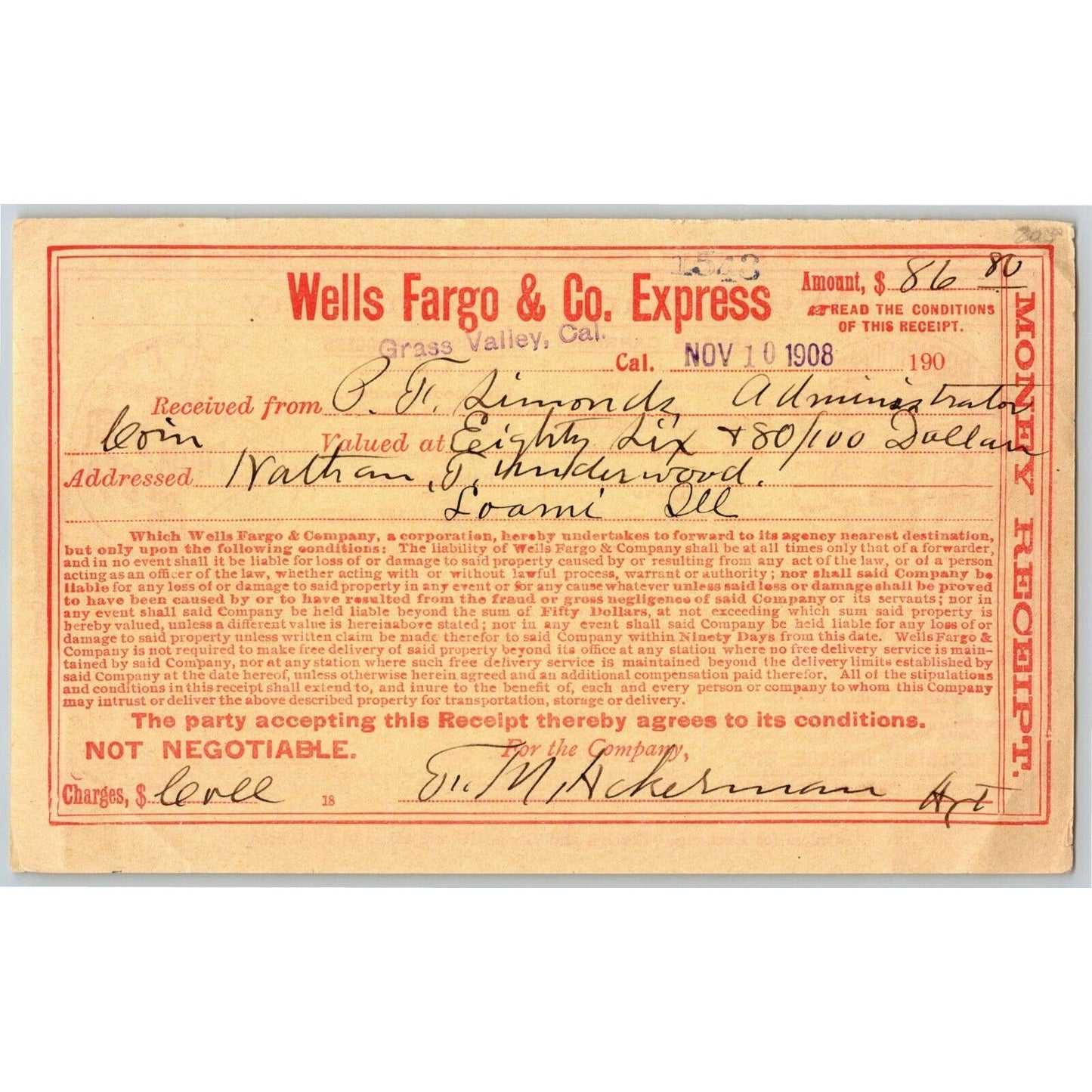 1908 Wells Fargo & Co Express - Grass Valley, CA / Loami, ILL Money Receipt