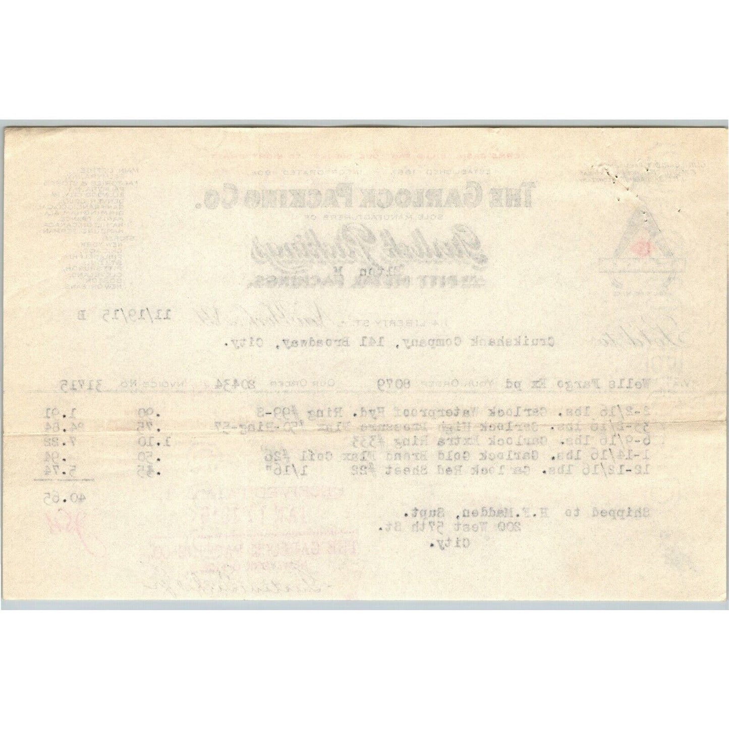 1915 "The Garlock Packing Co." Metal Billhead Letterhead 114 Liberty St., NYC