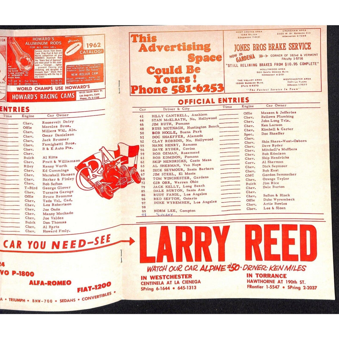 Scarce Sept 15 1962 Auto Racing CRA Big Car Program Ascot Gardena, CA 8pp.