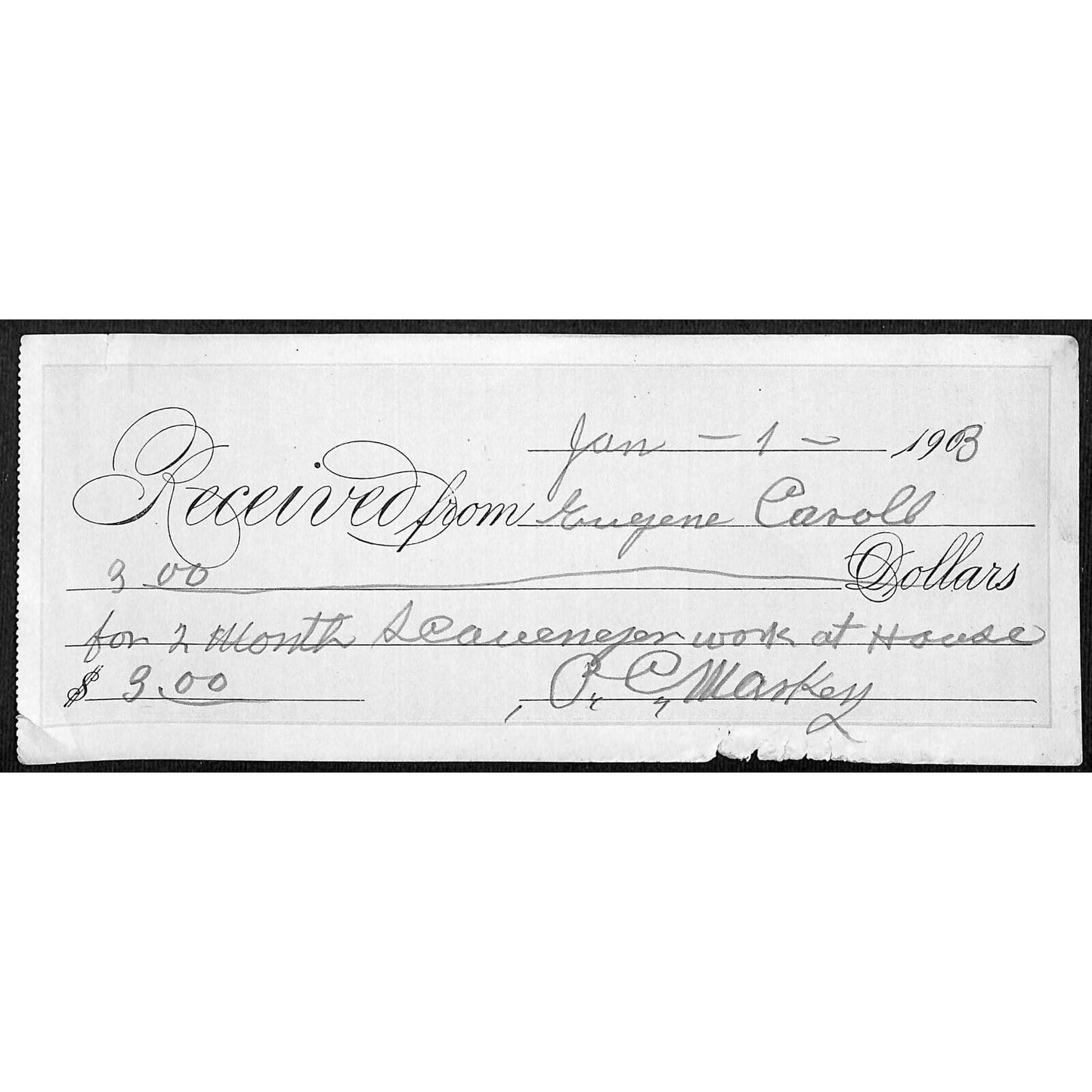 1903 Butte Montana Eugene Carroll R.C. / P. C. Markey Receipt "House Scavenging"