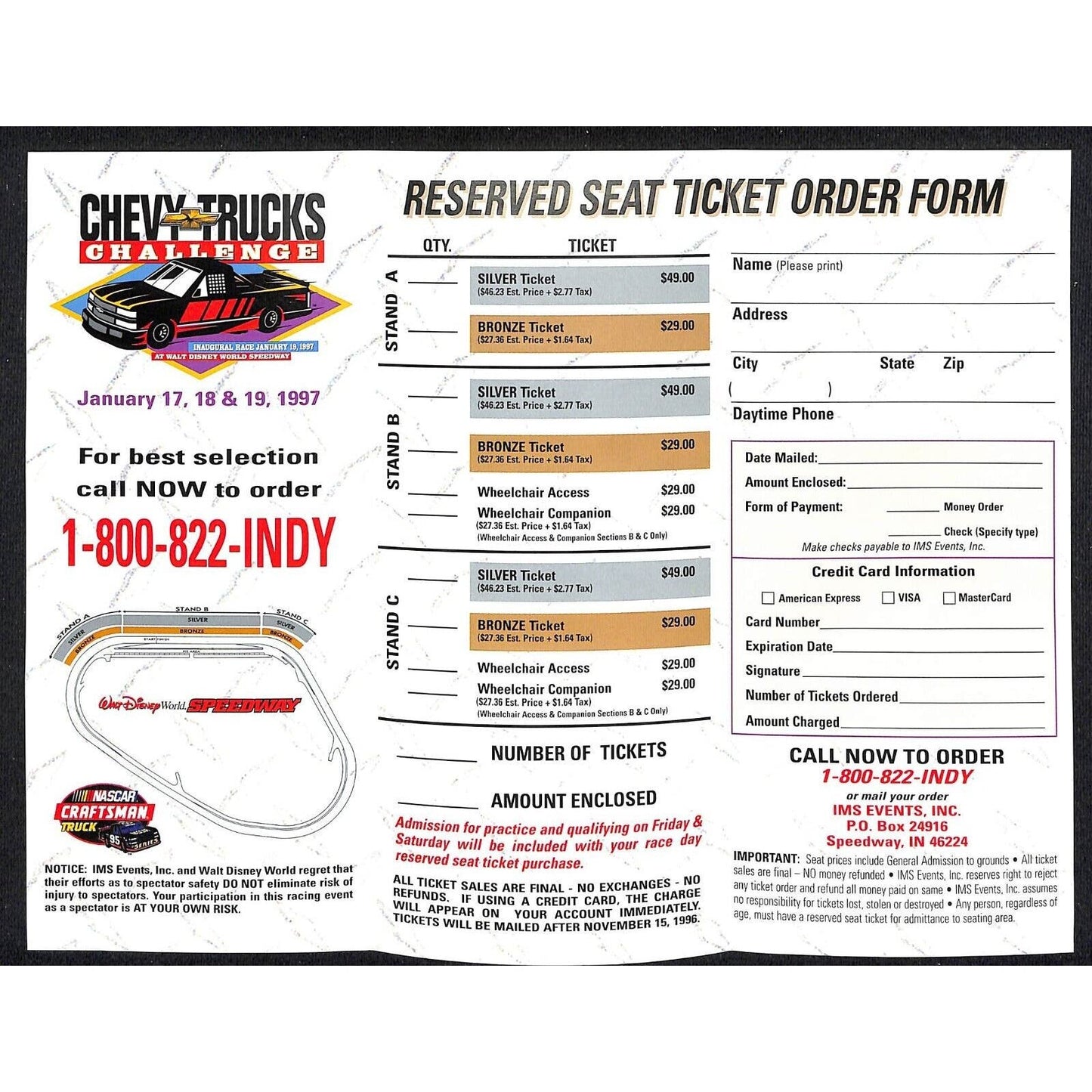 1997 Walt Disney World Speedway NASCAR Chevy Trucks Challenge Ticket Order Form