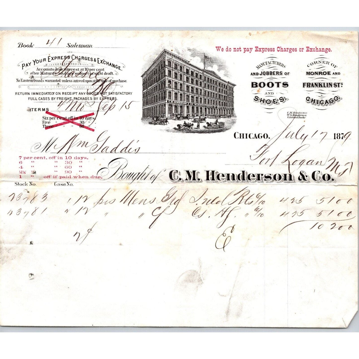 Chicago C.M. Henderson & Co. Boots Shoes 1891 Billhead