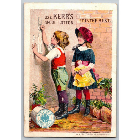 Kerr's Spool Cotton Victorian Trade Card 2 Children Drawing on a Wall Girl Doll