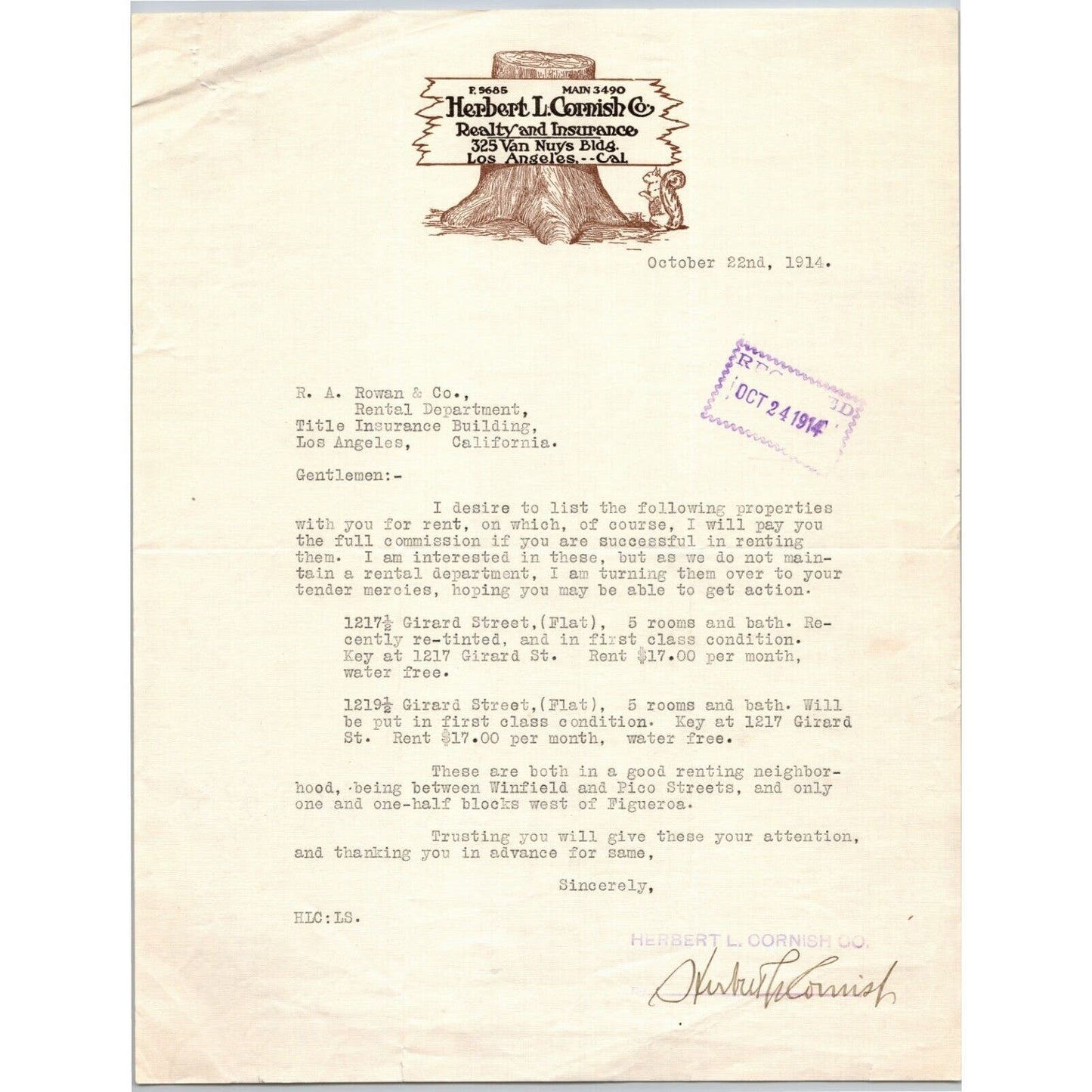 Herbert L. Cornish Reality / Insurance Los Angeles 1914 Letterhead - R.A. Rowan
