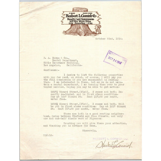 Herbert L. Cornish Reality / Insurance Los Angeles 1914 Letterhead - R.A. Rowan