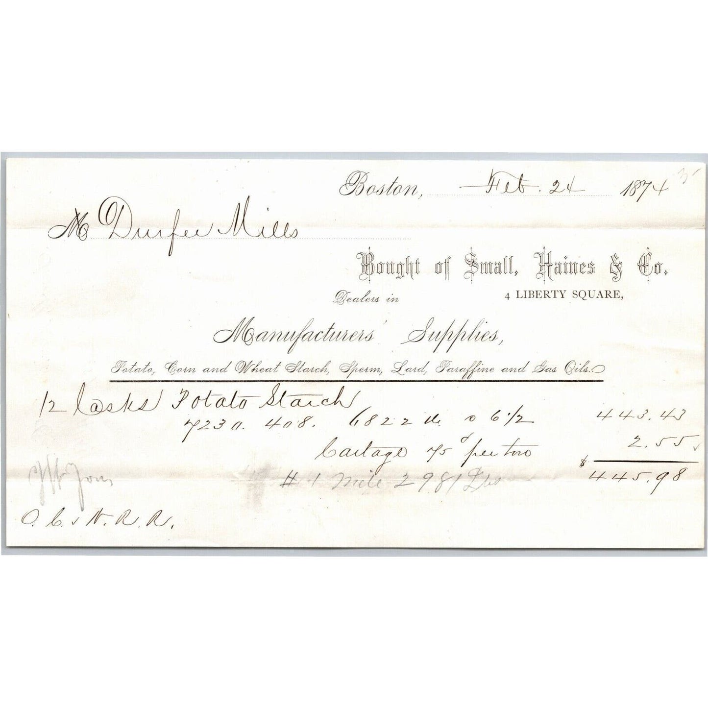 Boston, MA Small, Haines & Co. Potato Corn Wheat Starch 1874 Billhead
