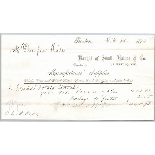 Boston, MA Small, Haines & Co. Potato Corn Wheat Starch 1874 Billhead