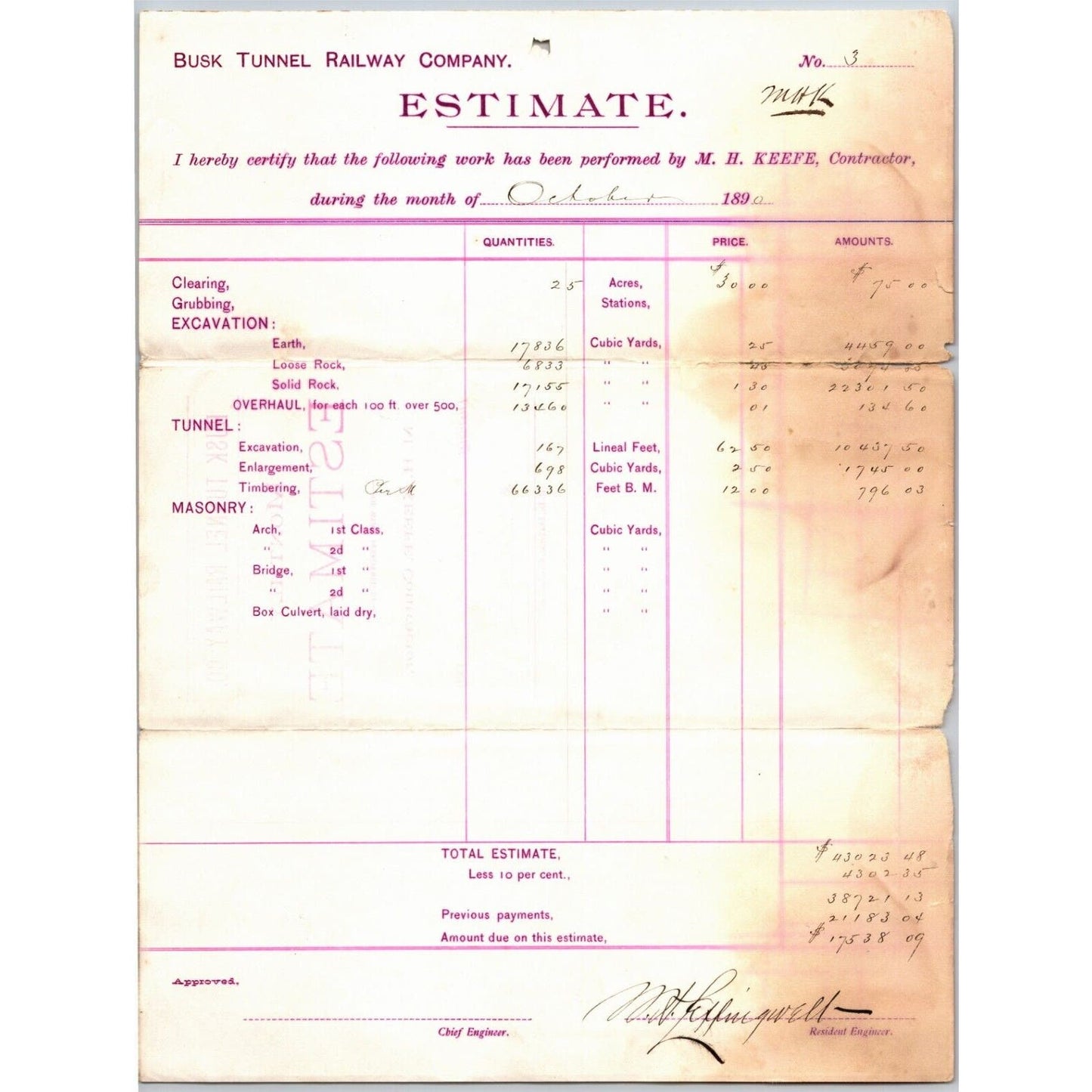 1890 Busk Tunnel Railway Co. (Near Leadville, CO) Estimate Letterhead M.H. Keefe