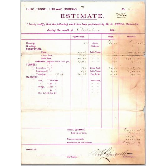 1890 Busk Tunnel Railway Co. (Near Leadville, CO) Estimate Letterhead M.H. Keefe