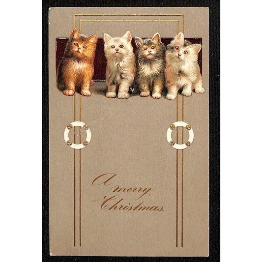 Vintage Postcard Cats Kittens Merry Christmas Reverse Embossed w/ Gilt PM 1908