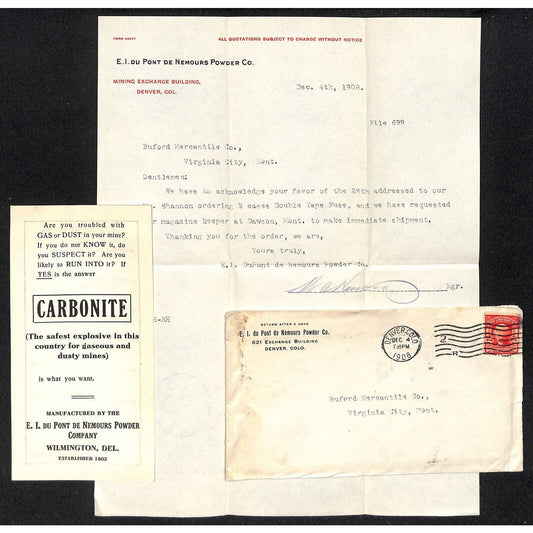 Du Pont Carbonite 1908 Fuse Gun Powder Adv. Card, Cover & Letterhead to Buford*