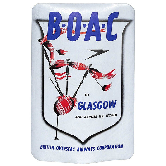 BOAC British Overseas Airways Corp. Glasgow 4" x 6" Luggage Label w/ Bagpipes