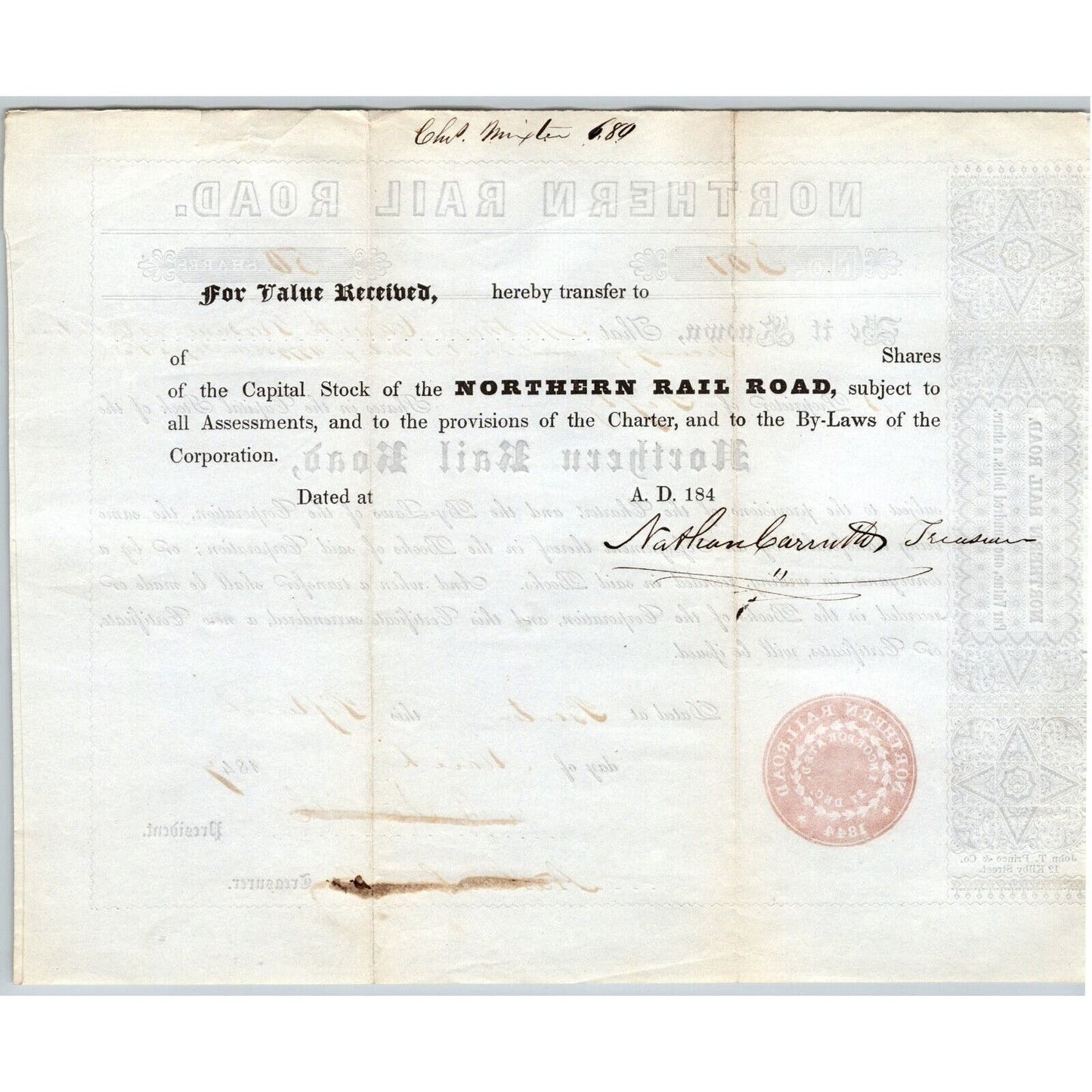 1847 Boston, MA Northern Railroad Stock Certificate LOW No. 301 for 50 Shares