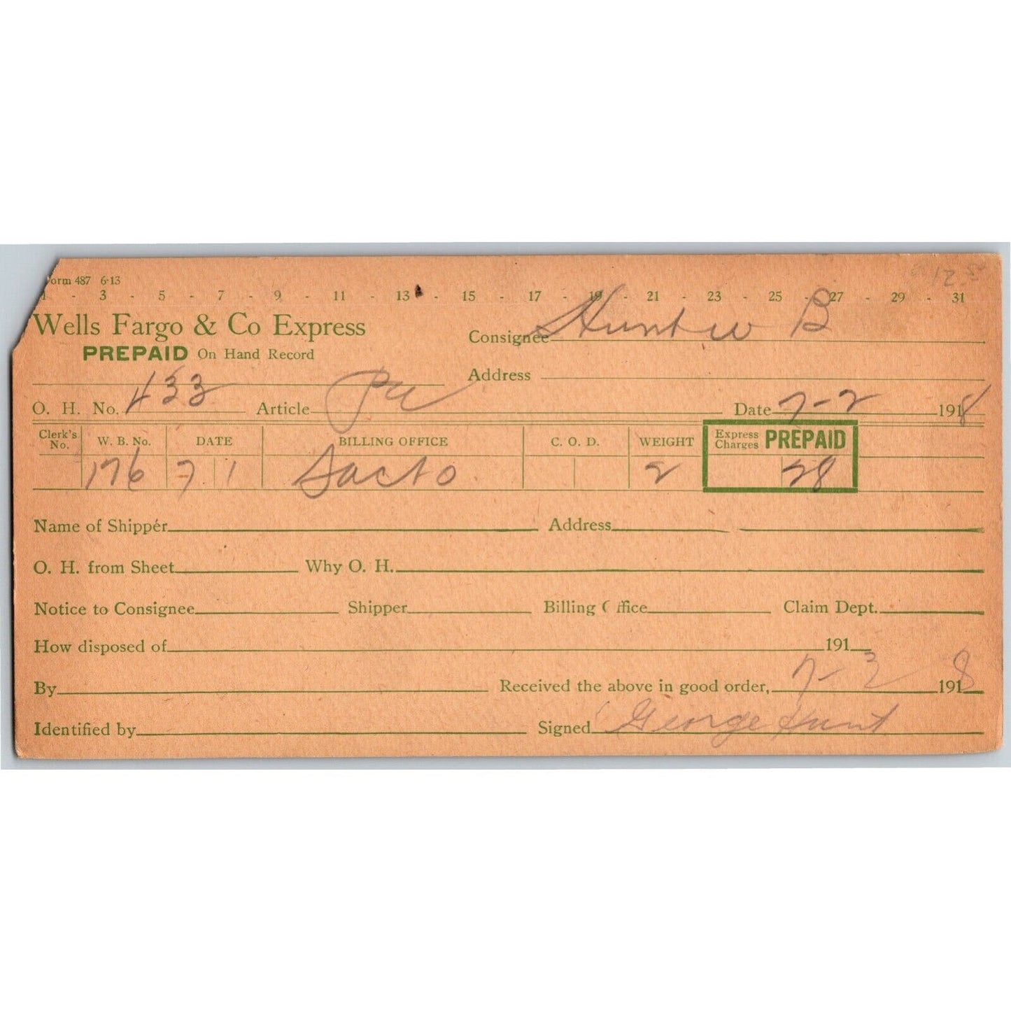 1918 Wells Fargo & Co Express - Manila "Prepaid - On Hand Record" Card