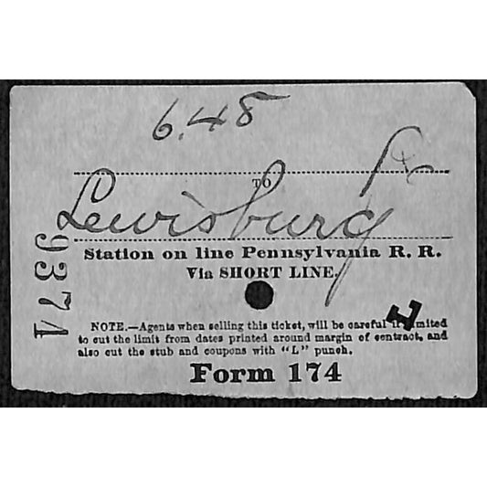 New York & Long Branch Railroad 1901 Ticket via PRR North Asbury Park Lewisburg