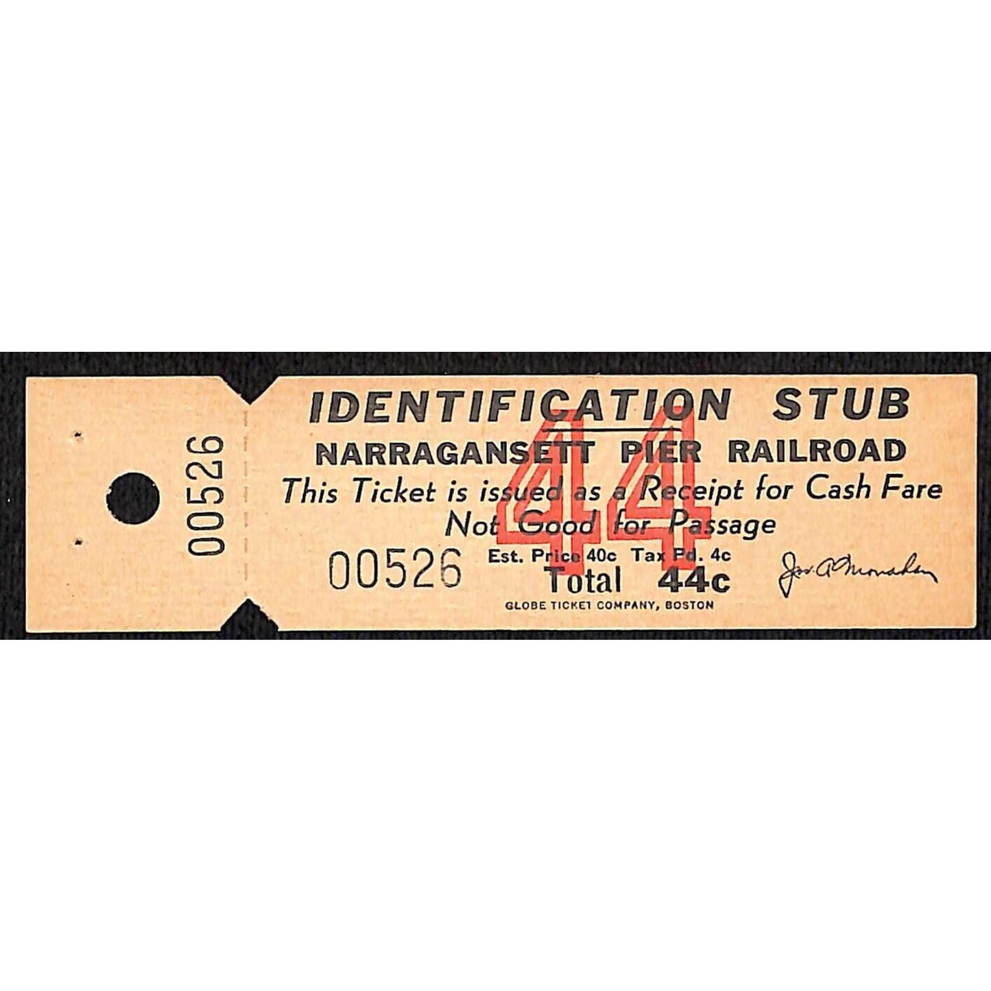 Narraganset Pier Railroad Cash Fare Receipt Identification Stub 44cents Scarce