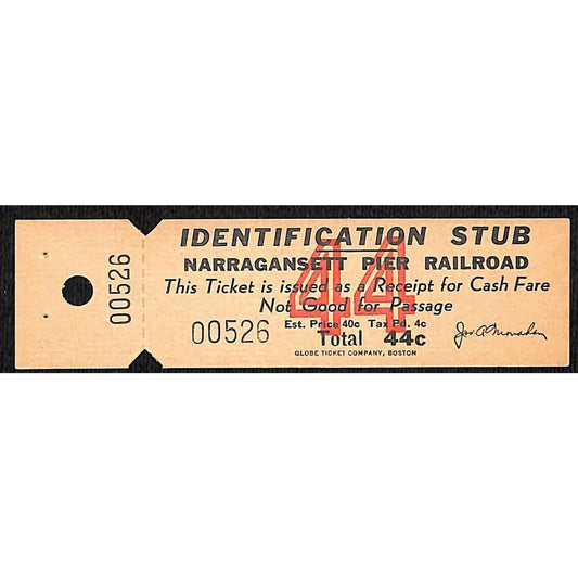 Narraganset Pier Railroad Cash Fare Receipt Identification Stub 44cents Scarce