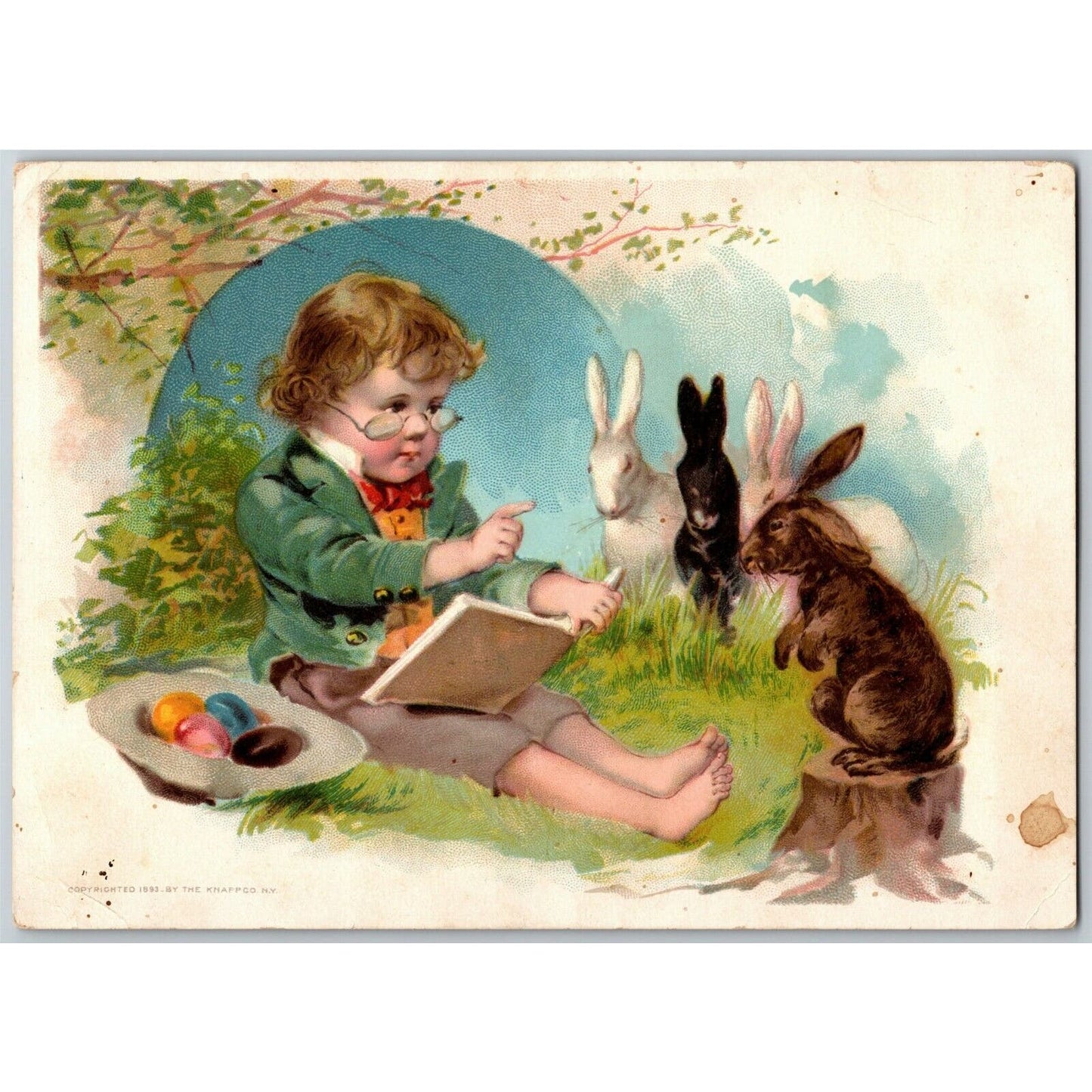 Lion Coffee Child w/ Book Teaching Rabbits Outdoors Large Victorian Trade Card