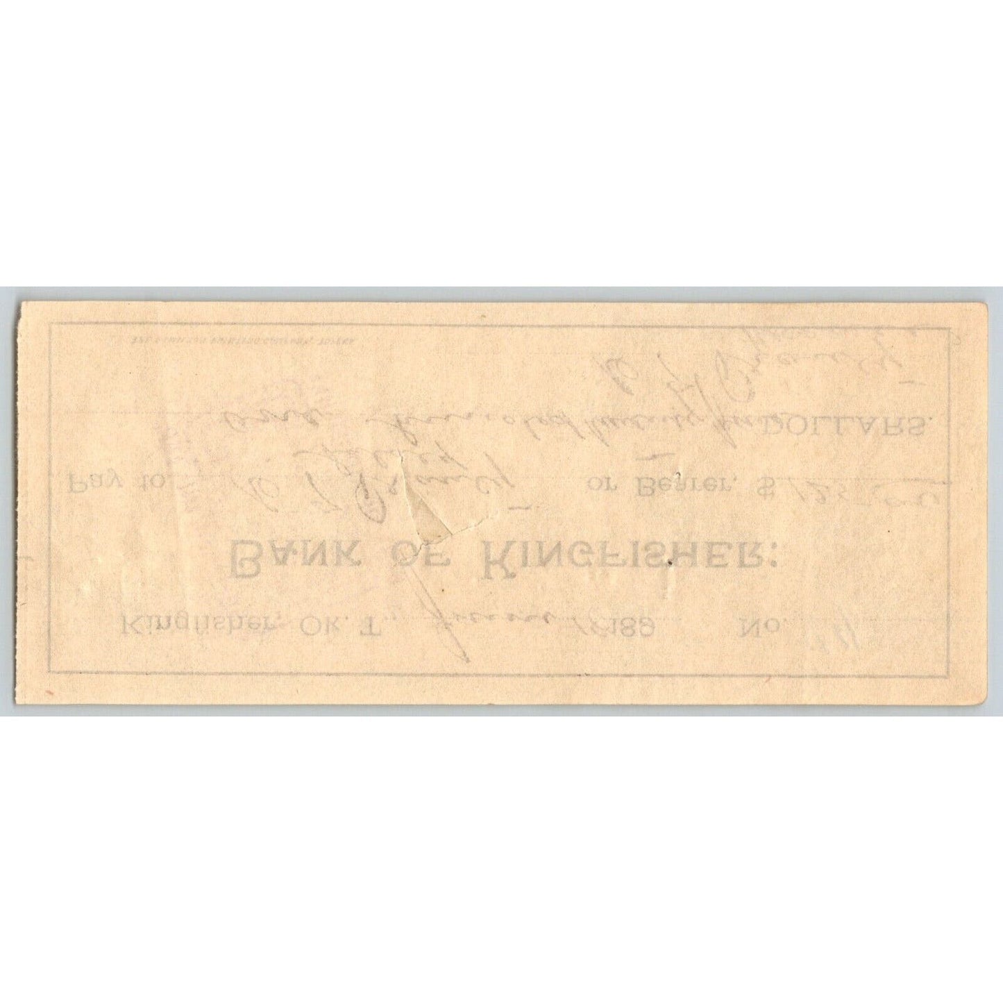 Kingfisher, Oklahoma Territorial 189? "Bank of Kingfisher" Check