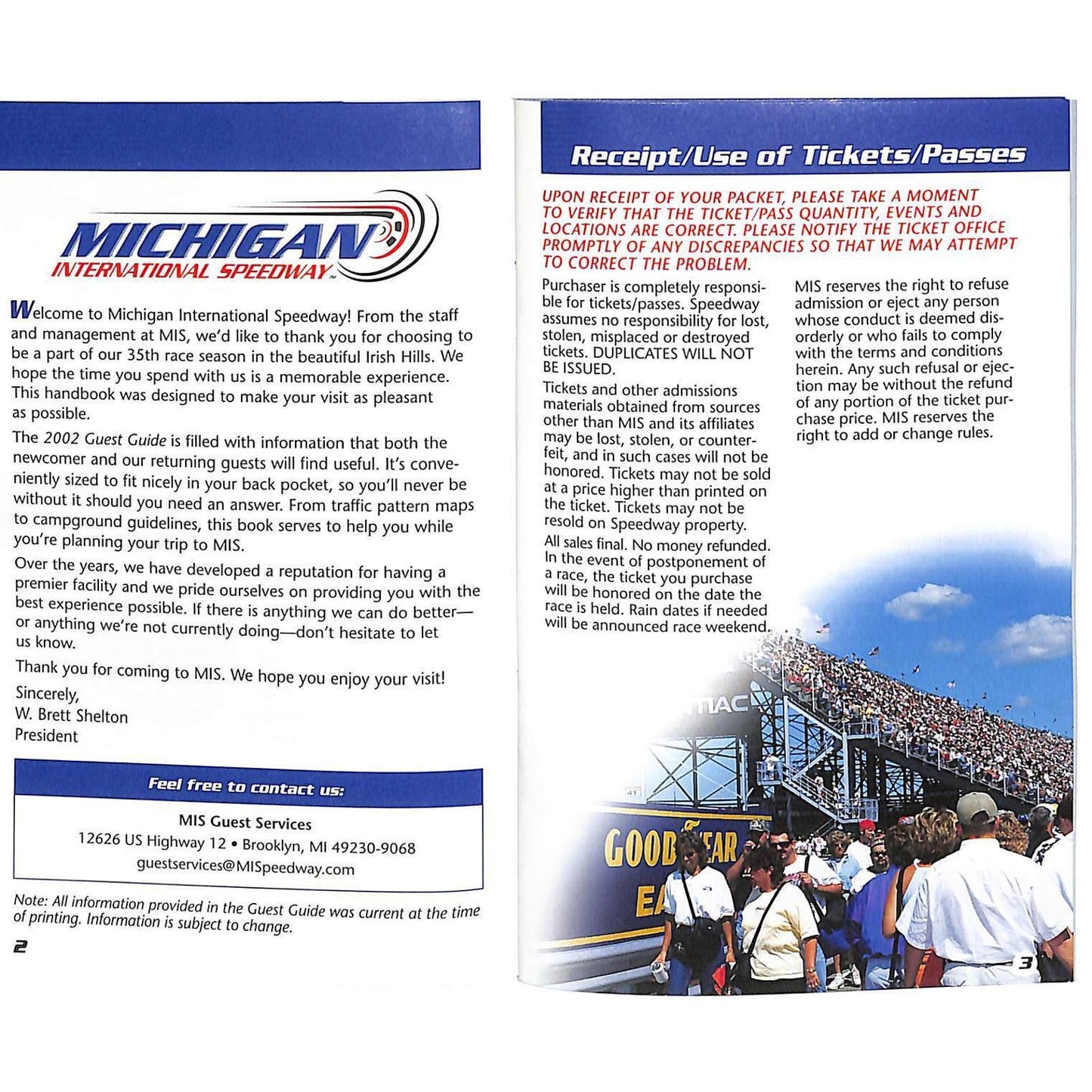 2002 Michigan International Speedway Guest Guide Info & Map Booklet --- 47pp VGC
