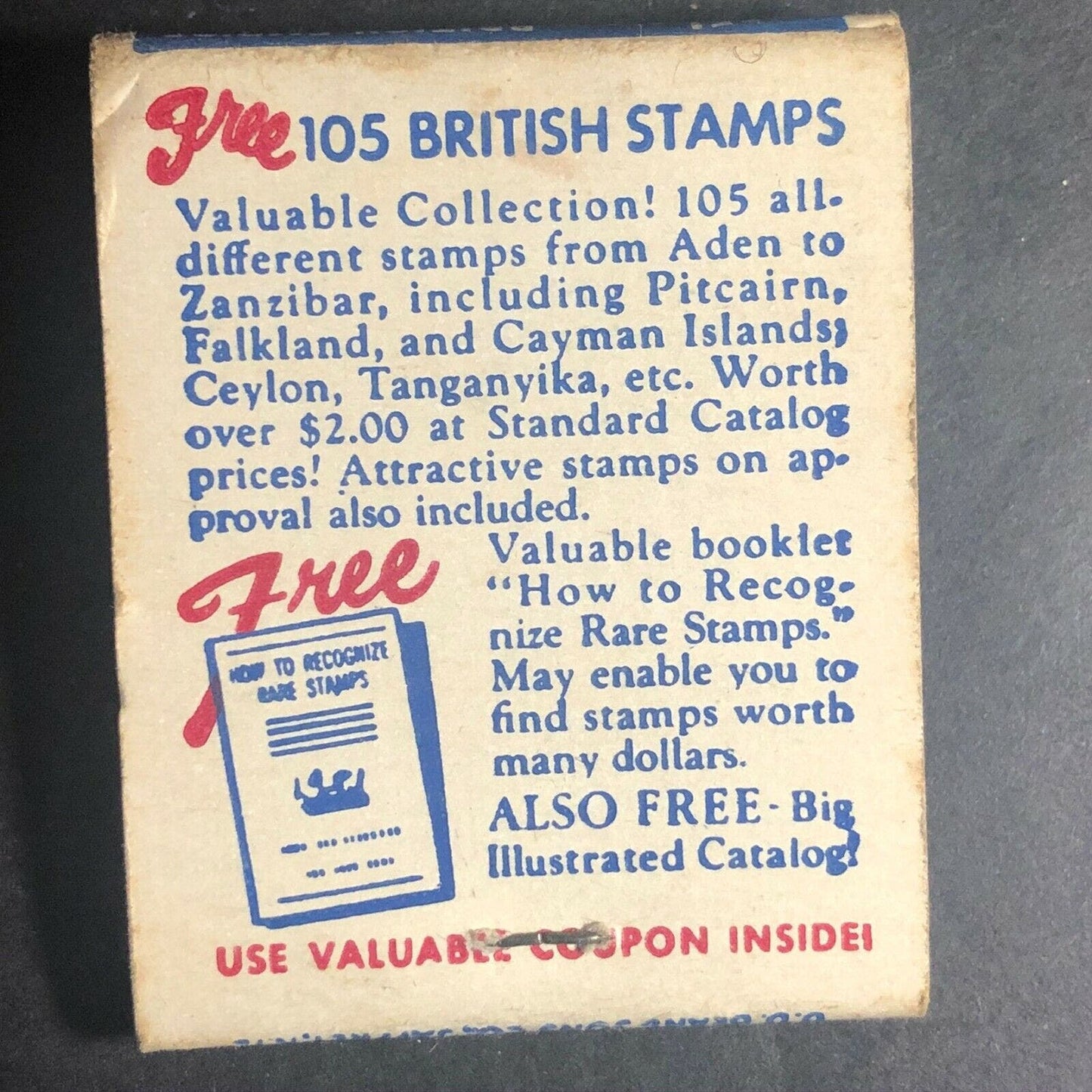 60's-70's Full Matchbook "Free 105 British Empire Stamps" Mail-In Offer