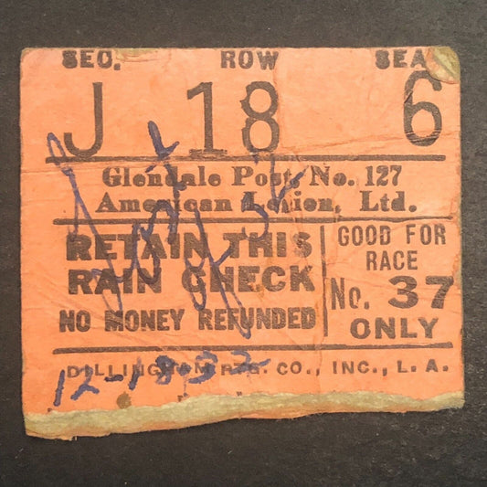 Glendale Post No. 127 American Legion (Ascot) Auto Racing Ticket Stub / Undated