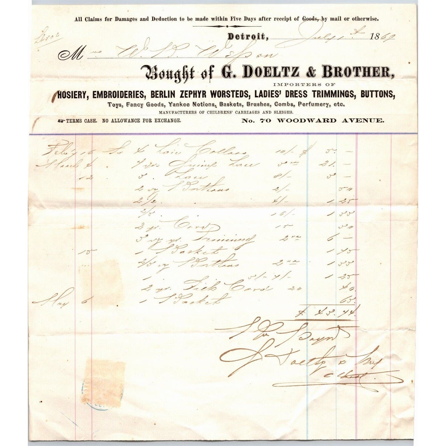 Detroit Letterhead G. Doeltz & Brother Ladies' Dress Trimmings Buttons - 1869