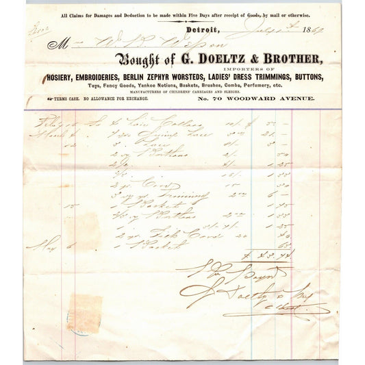 Detroit Letterhead G. Doeltz & Brother Ladies' Dress Trimmings Buttons - 1869