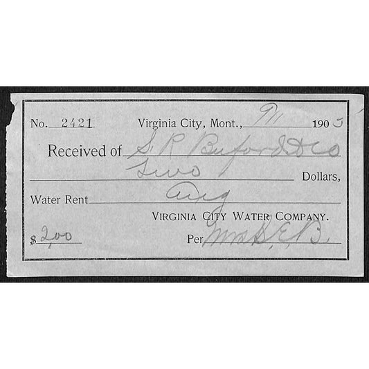 Virginia City S.R. Buford 1905 Water Department "Water Rent" Payment Receipt