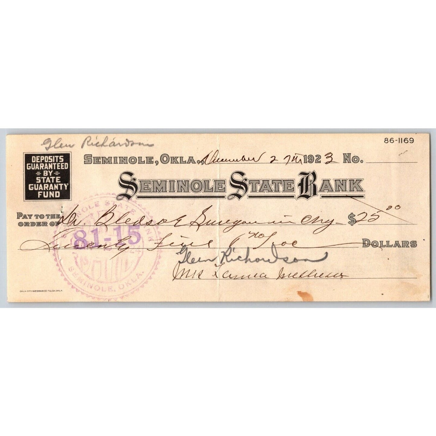 Seminole, Oklahoma 1923 Bank Check "Seminole State Bank"