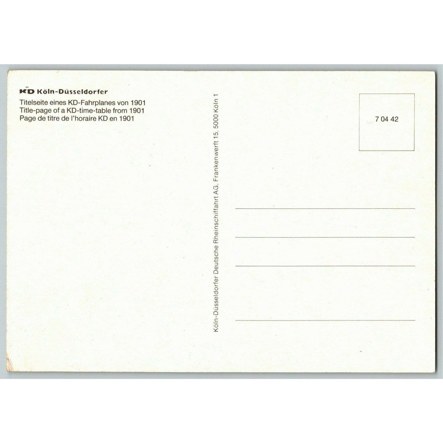 c1980's-90's Rhein-Dampfschiffahrt 1901 4" x 6" Reproduction Postcard