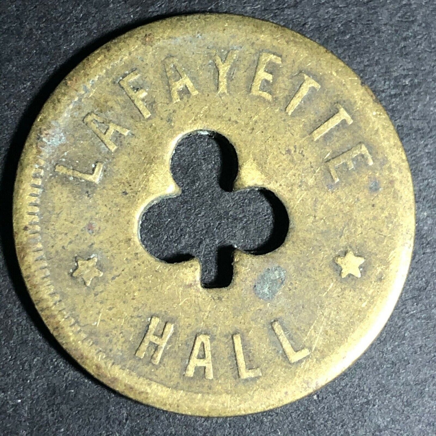 24.5mm Brass Lafayette Hall (Saloon Sacramento, CA) Token Clover Shamrock (#16)