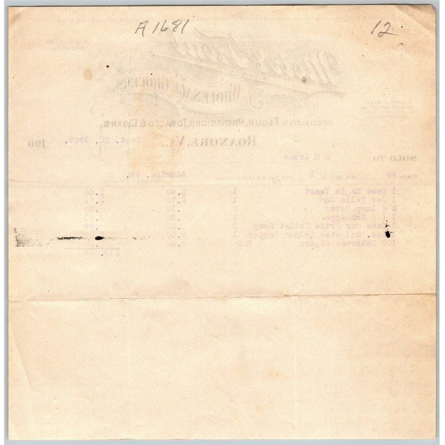 1907 Scarce Roanoke, VA Letterhead Moir & Trout Flour Tobacco Provisions Cigars