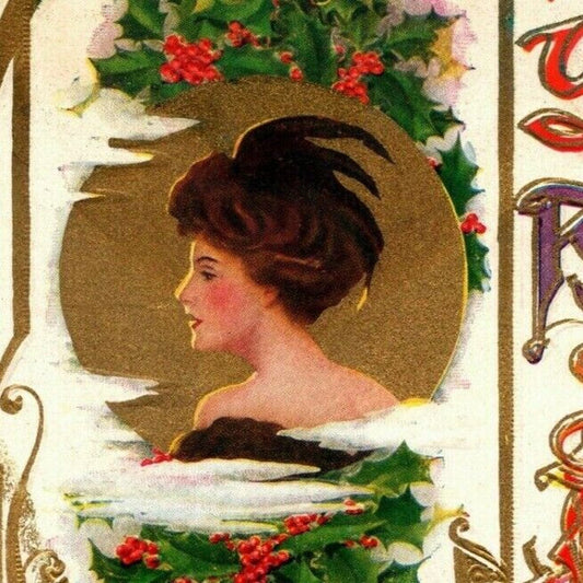 Vintage Postcard c1915 Have a Joyous Christmas Woman Gilt Holly Clouds Emboss