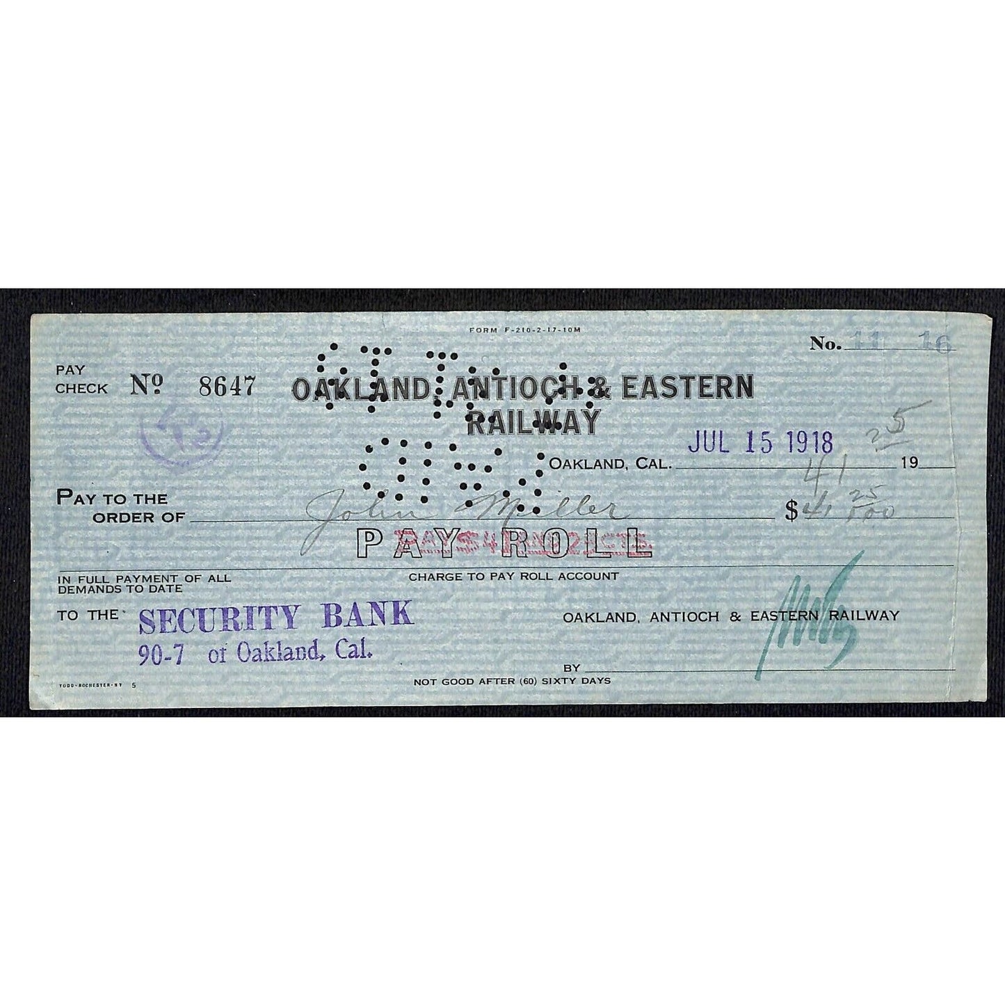 1918 Oakland , Antioch & Eastern Railway Bank Check - Payroll