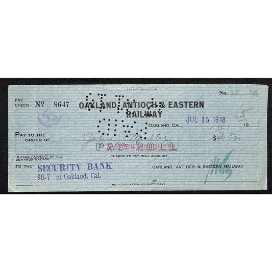 1918 Oakland , Antioch & Eastern Railway Bank Check - Payroll