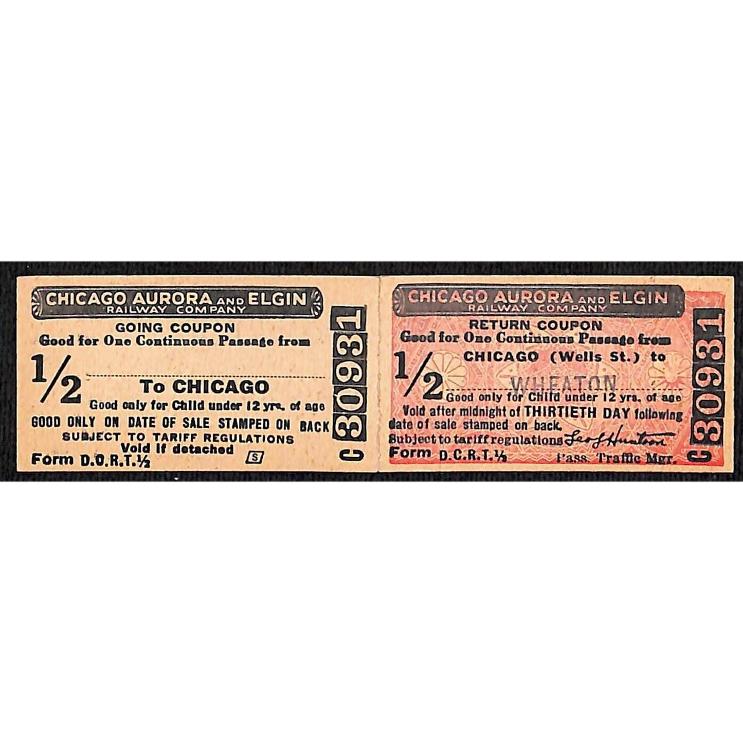 Chicago Aurora and Elgin 1902-57 2-way Attached Tickets Wheaton #30931