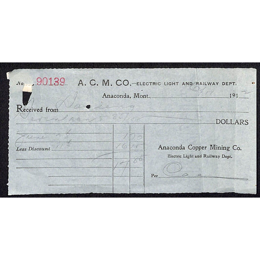 Anaconda Copper Mining Electric Light Railway Montana 1912 Payment Receipt