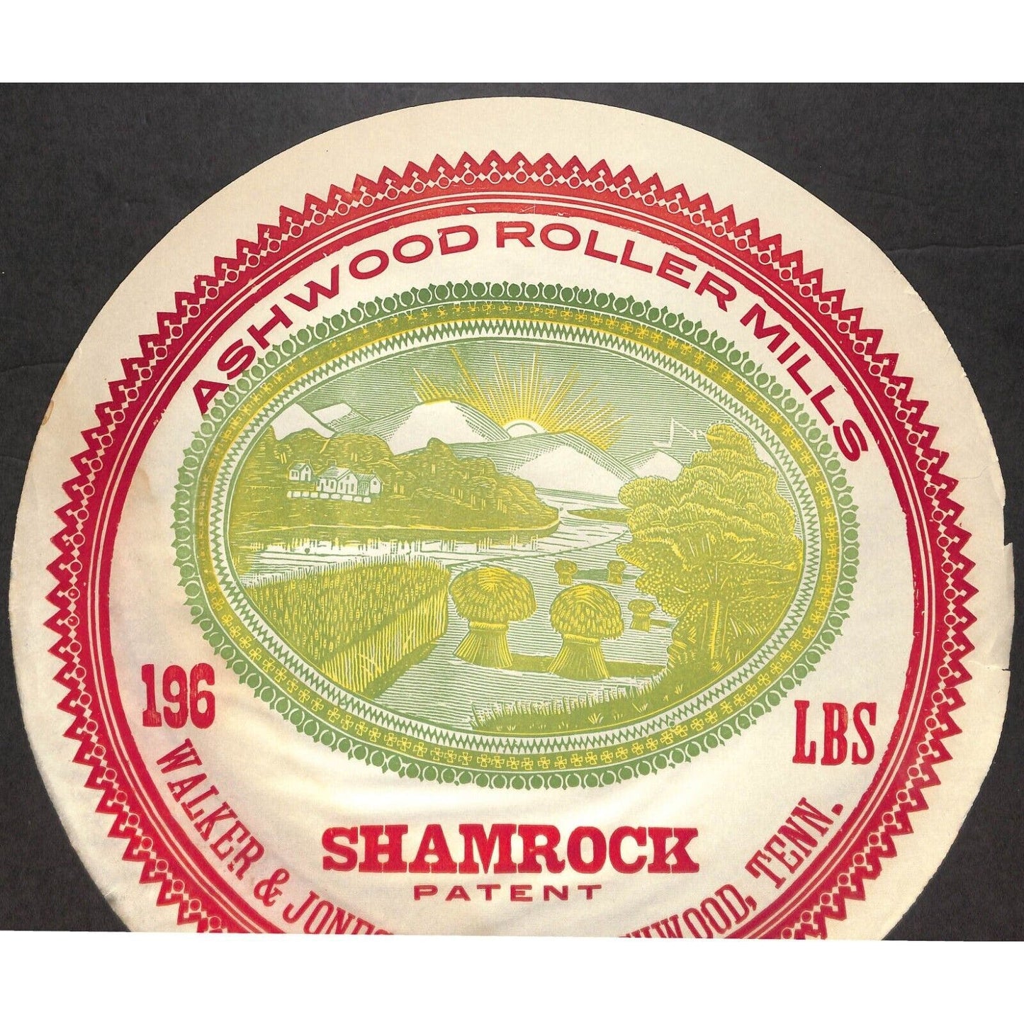 Ashwood Roller Mills Shamrock Walker Jones Flour Barrel Label 16" dia. Scarce