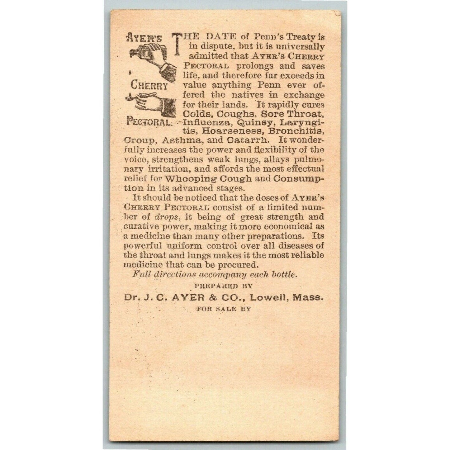 Victorian Trade Card Ayer's Cherry Pectoral - Penn's Treaty Scene