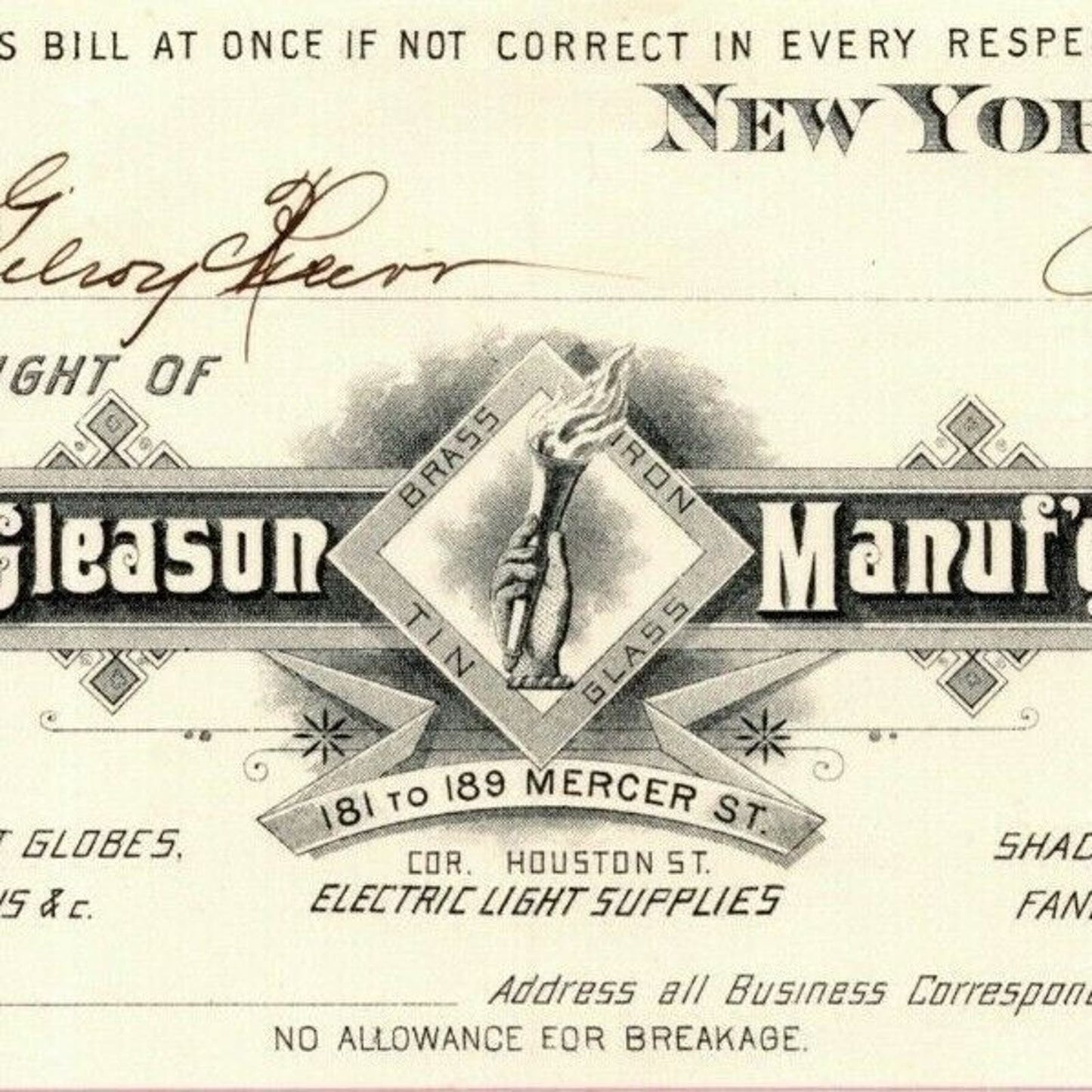 1888 E. P. Gleason Electric Light Supplies Billhead Letterhead - Mercer St. NYC