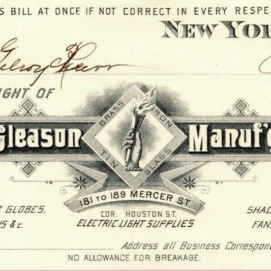 1888 E. P. Gleason Electric Light Supplies Billhead Letterhead - Mercer St. NYC