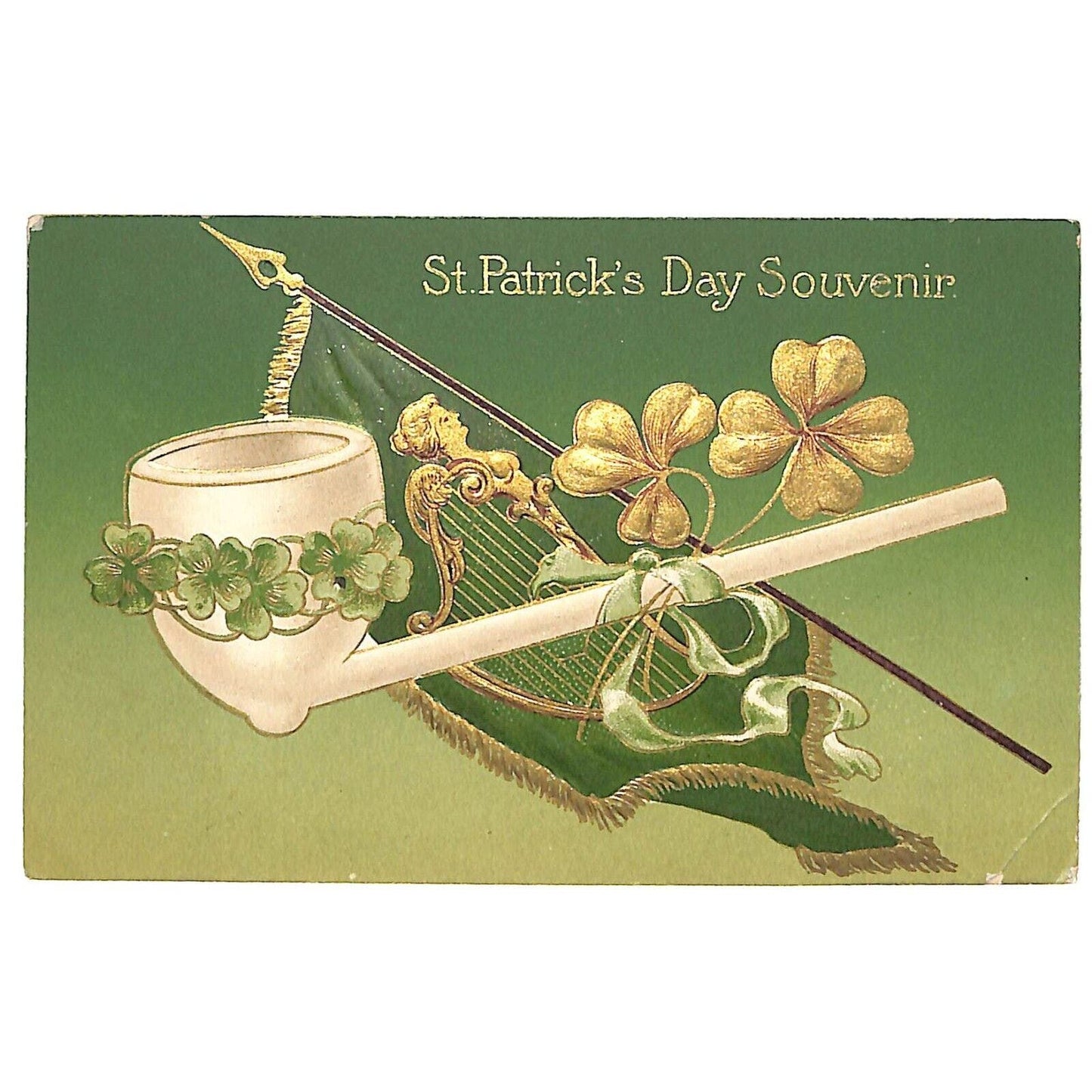St. Patrick's Day Postcard Pipe Harp Clover Flag Embossed Gilt PM 1912