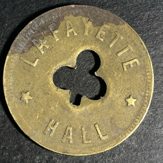 24.5mm Brass Lafayette Hall (Saloon Sacramento, CA) Token Clover Shamrock (#44)