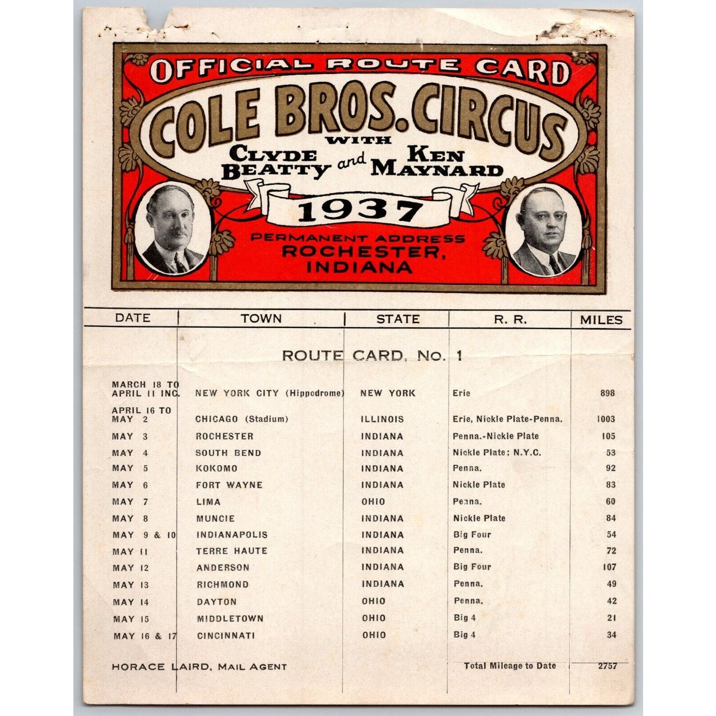 1937 Cole Bros with Clyde Beatty Ken Maynard Circus Route Card NY IL IN OH