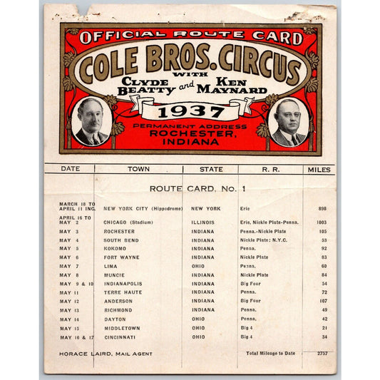 1937 Cole Bros with Clyde Beatty Ken Maynard Circus Route Card NY IL IN OH
