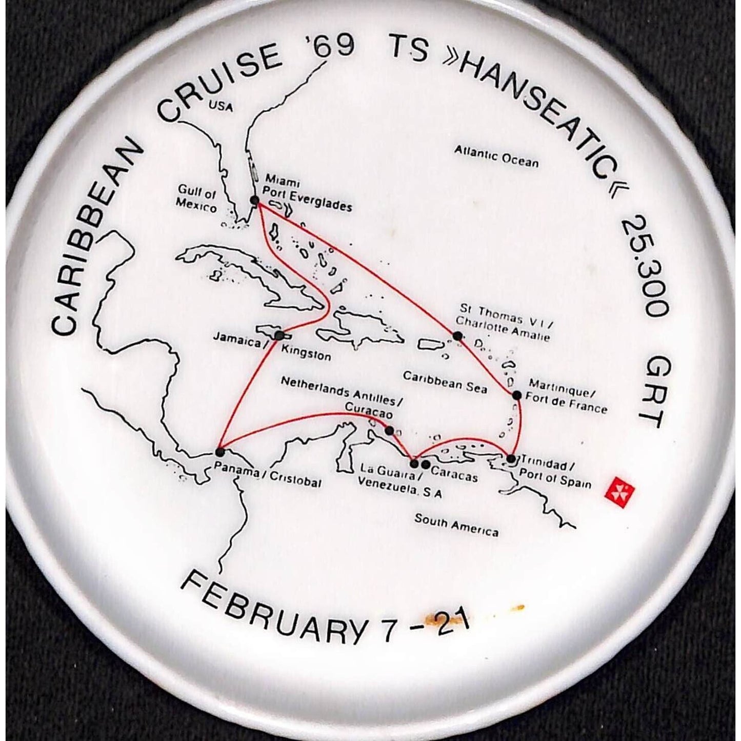 Caribbean Cruse TS Hanseatic Hamburg AL 1969 Ceramic Tip Tray w/ Route Map VGC