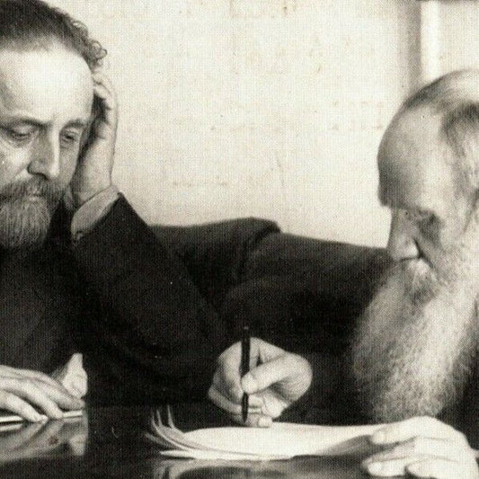 c1909 Vintage Russian RPPC* Postcard Leo Tolstoy Sits with Vladimir Chertkov