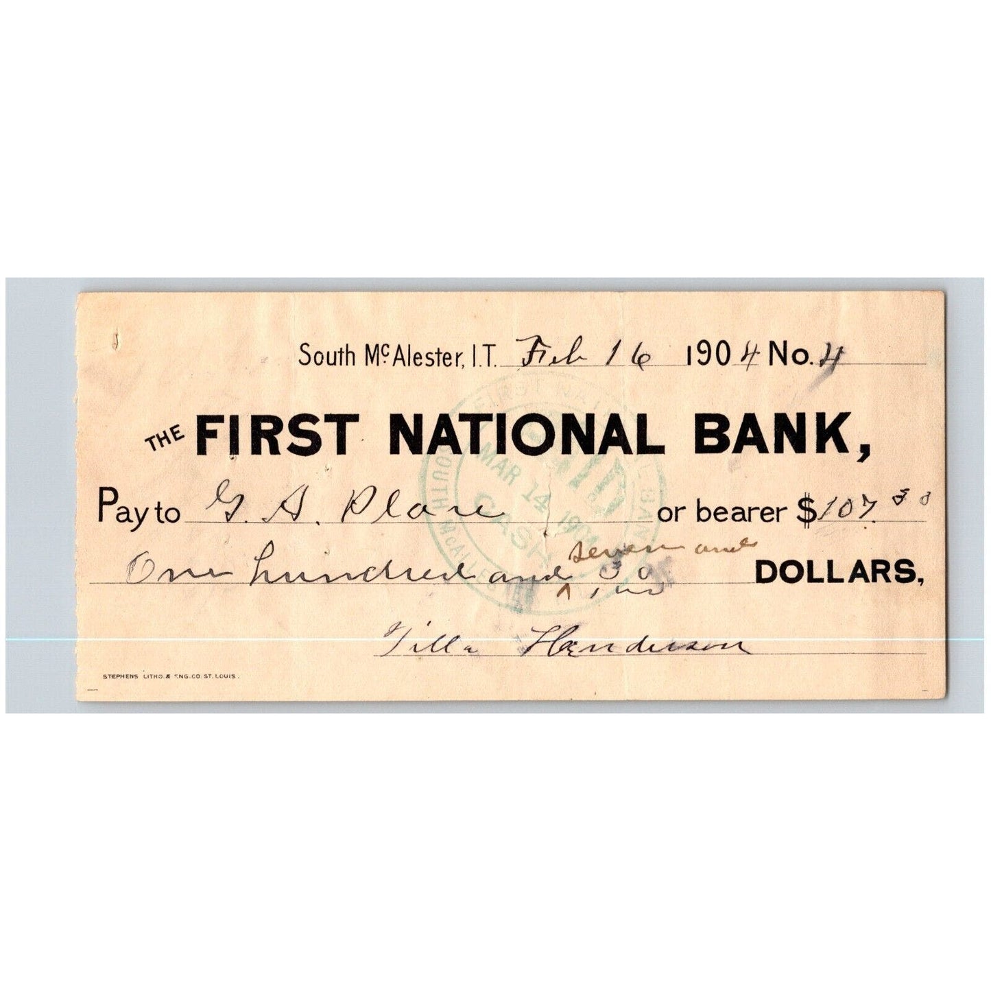South McAlester, Oklahoma 1904 Indian Territory FNB Bank Check - Scarce