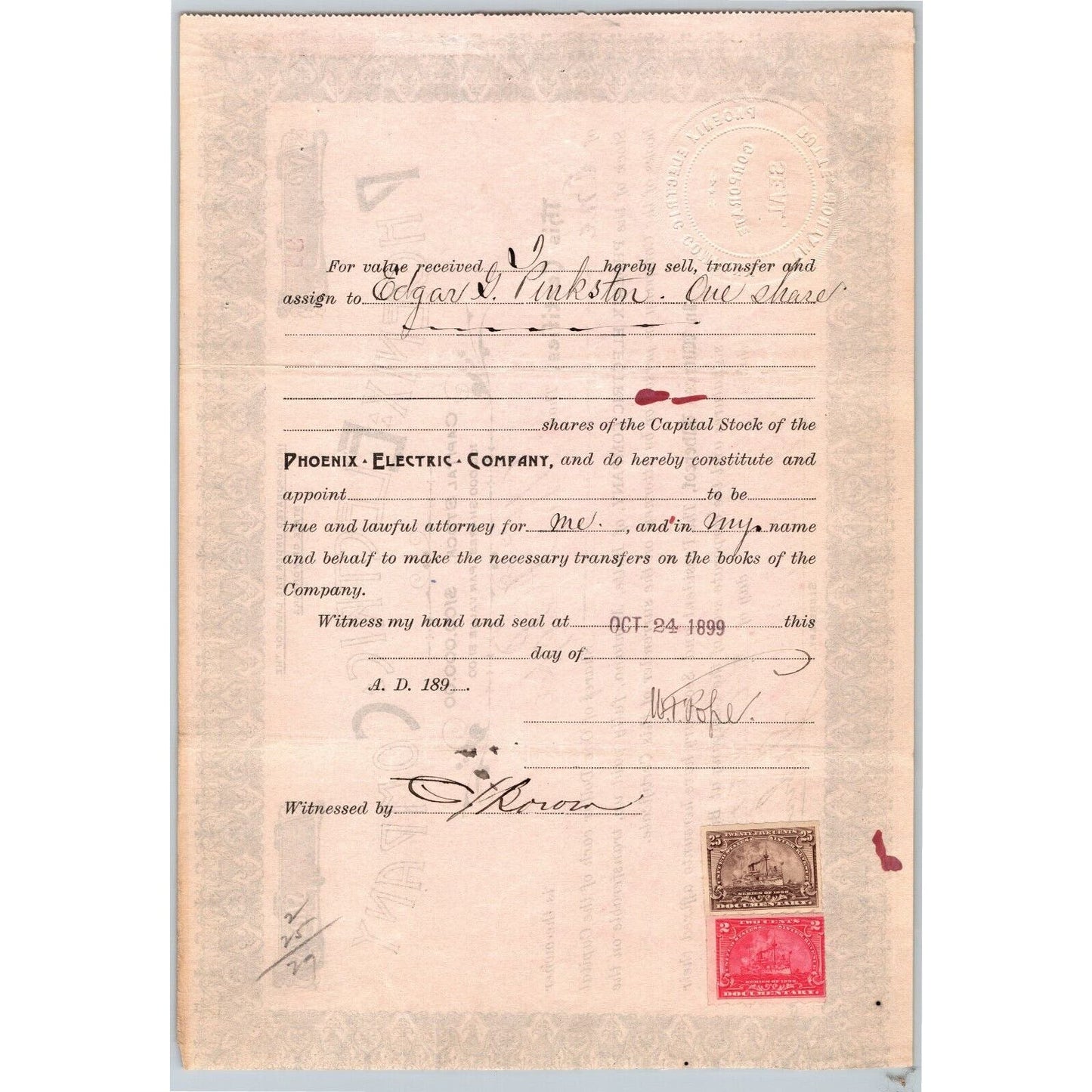 Butte, MT Phoenix Electric Company 1899 Stock Certificate - 1 Share - Cert #30